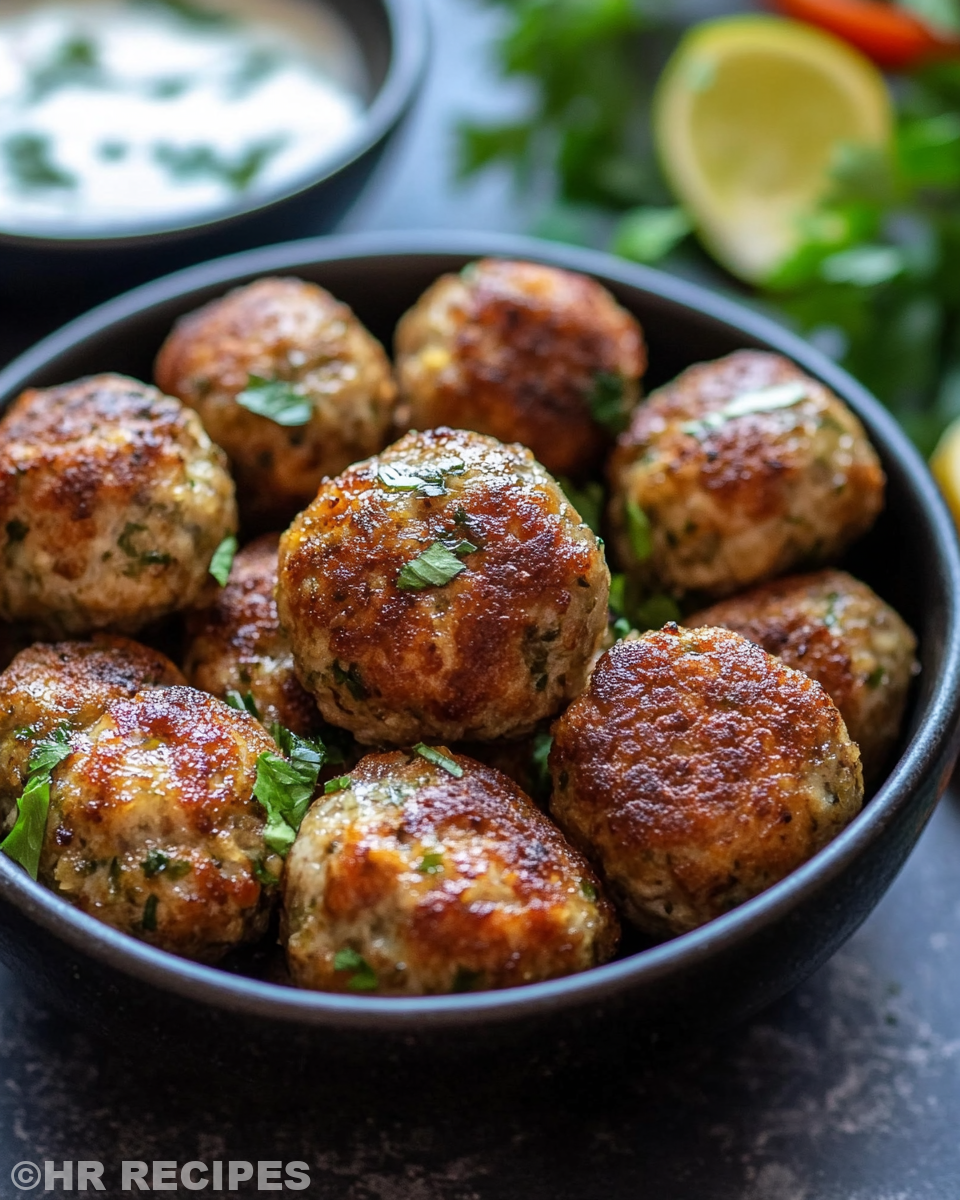 Final plated chicken kofta with garlic yogurt sauce and fresh garnishes