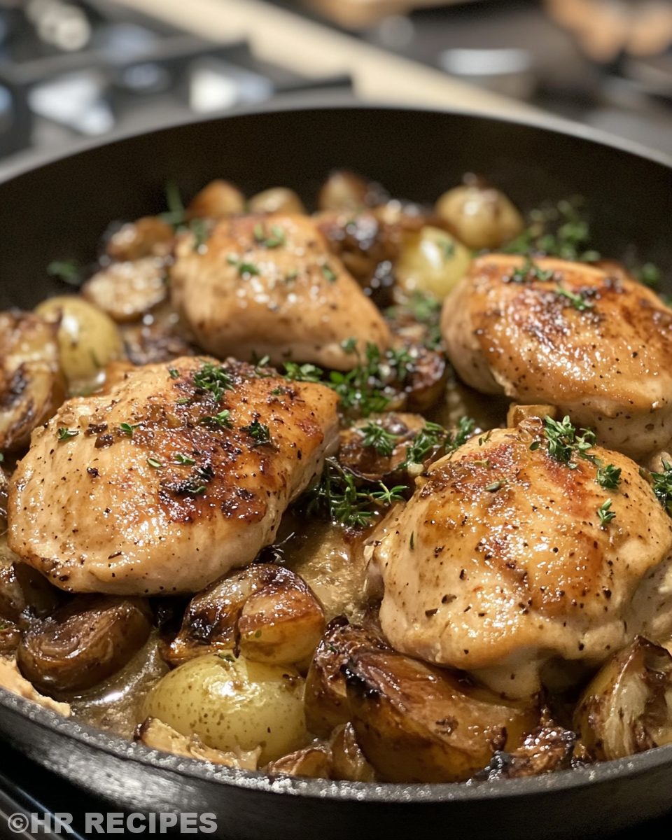 Golden brown chicken thighs sizzling in a skillet