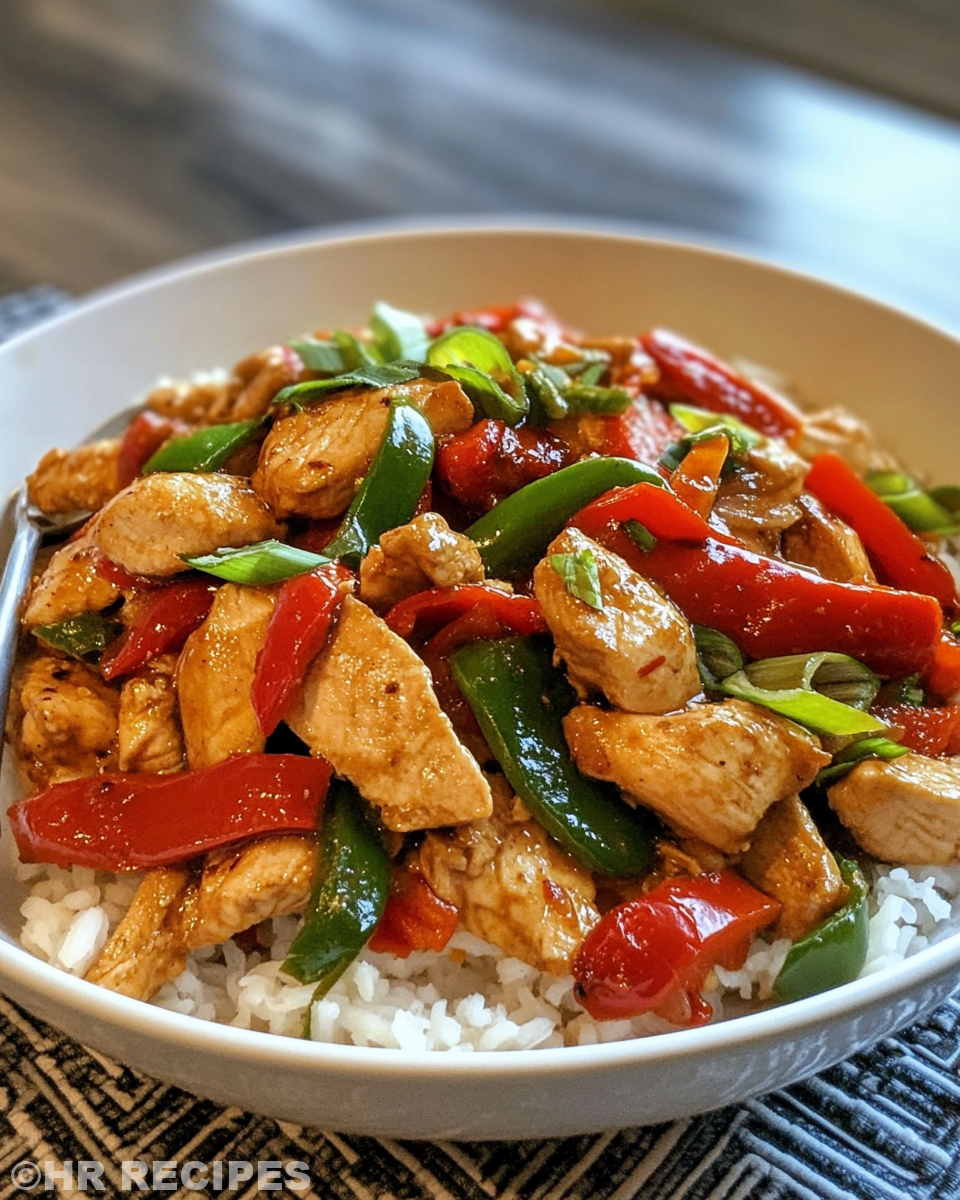Ingredients prepared for chicken and pepper stir fry over rice