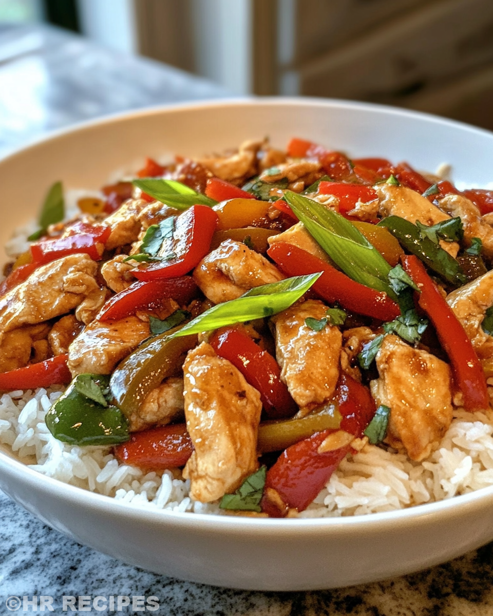 Serving of chicken and pepper stir fry over rice, fresh and vibrant