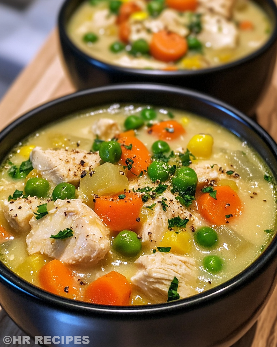 Ingredients for chicken pot pie soup in preparation