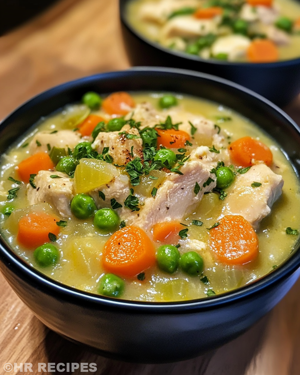 Serving of creamy chicken pot pie soup in bowl