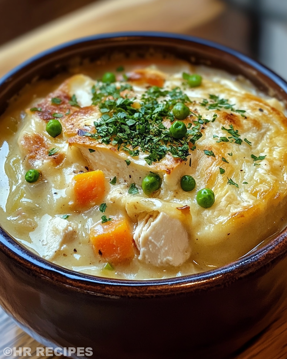 Bowl of finished creamy chicken pot pie soup garnished with parsley