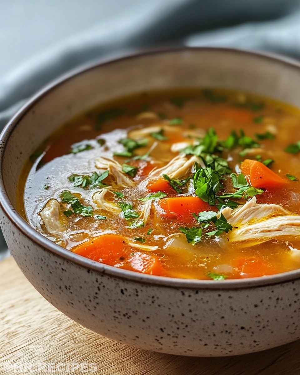 Bowl of finished homemade chicken soup garnished with fresh parsley