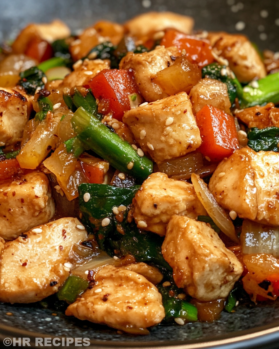 Final chicken stir fry served on plate ready to eat