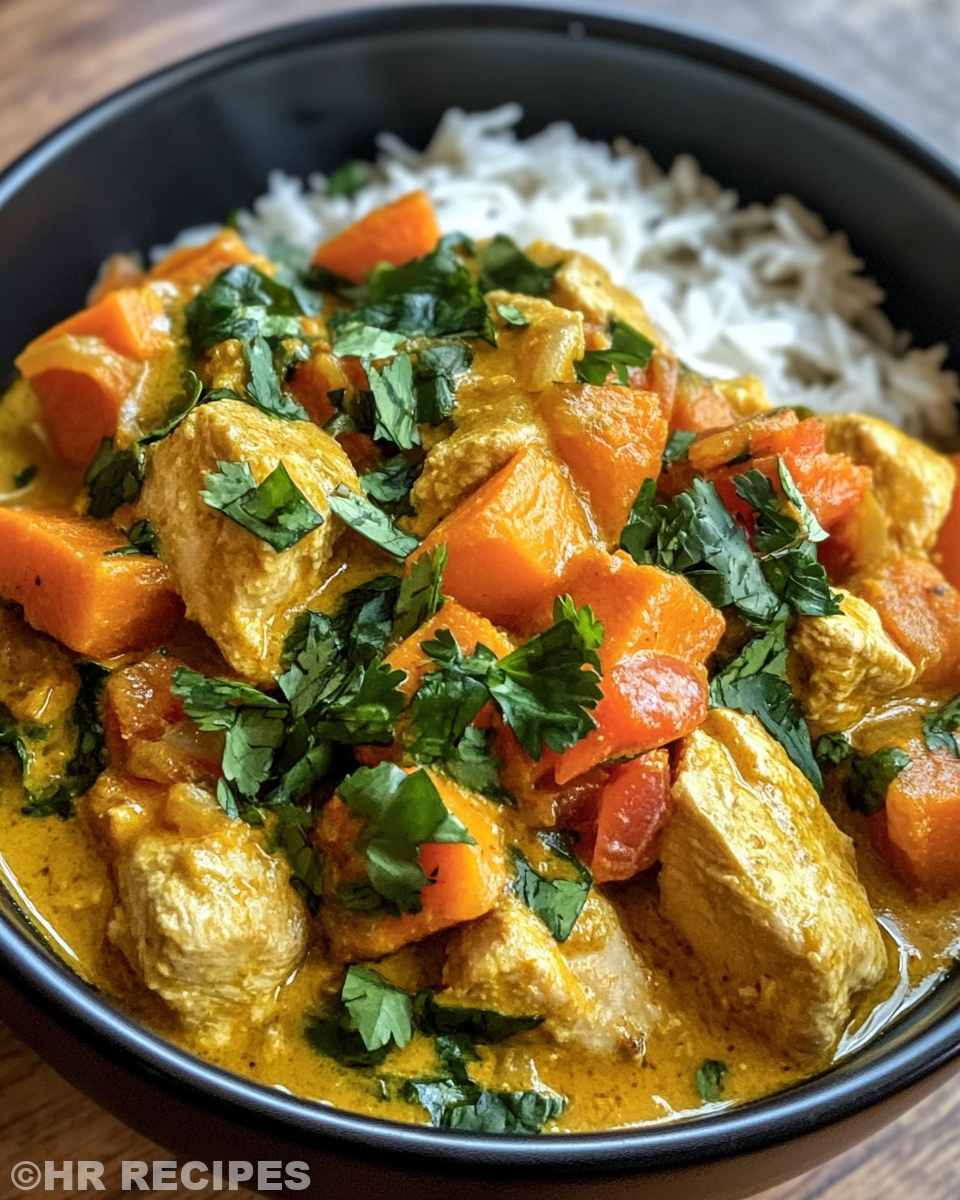 Finished chicken sweet potato curry served in bowl with garnish
