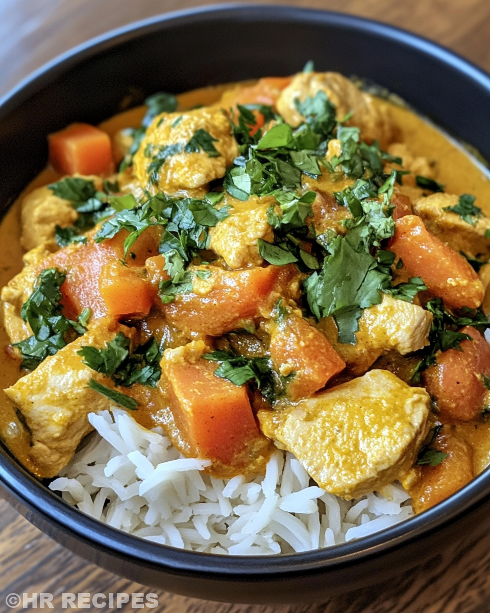 Pressure cooker chicken sweet potato curry simmering in pot