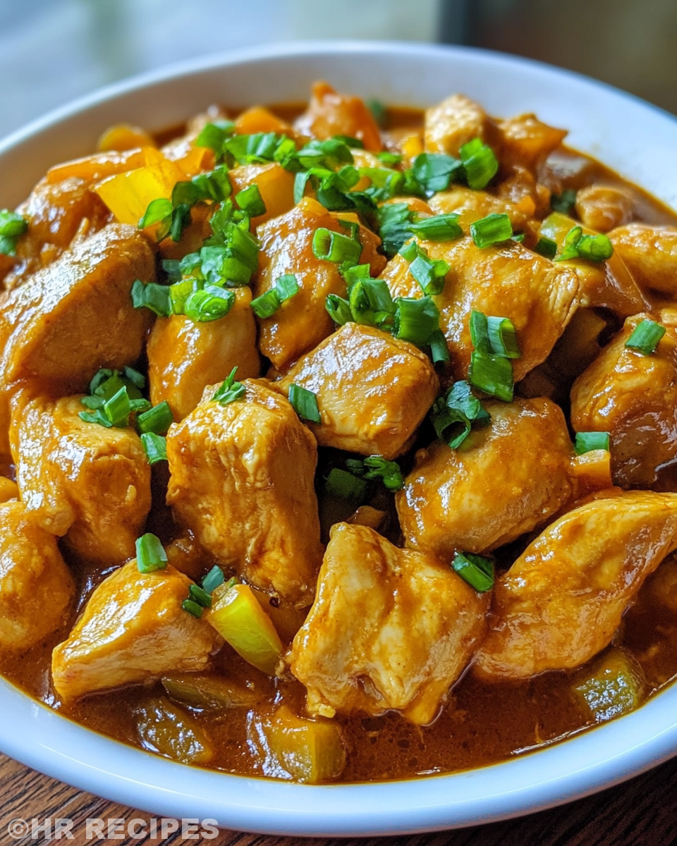 Plate of Chinese chicken curry served with rice and garnishes
