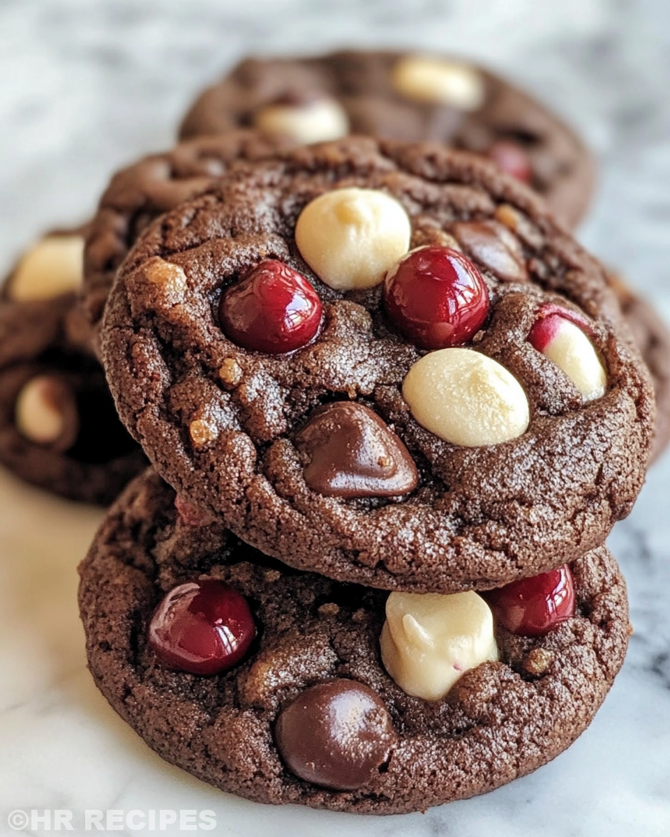 Freshly baked chocolate cherry cookies crispy edges