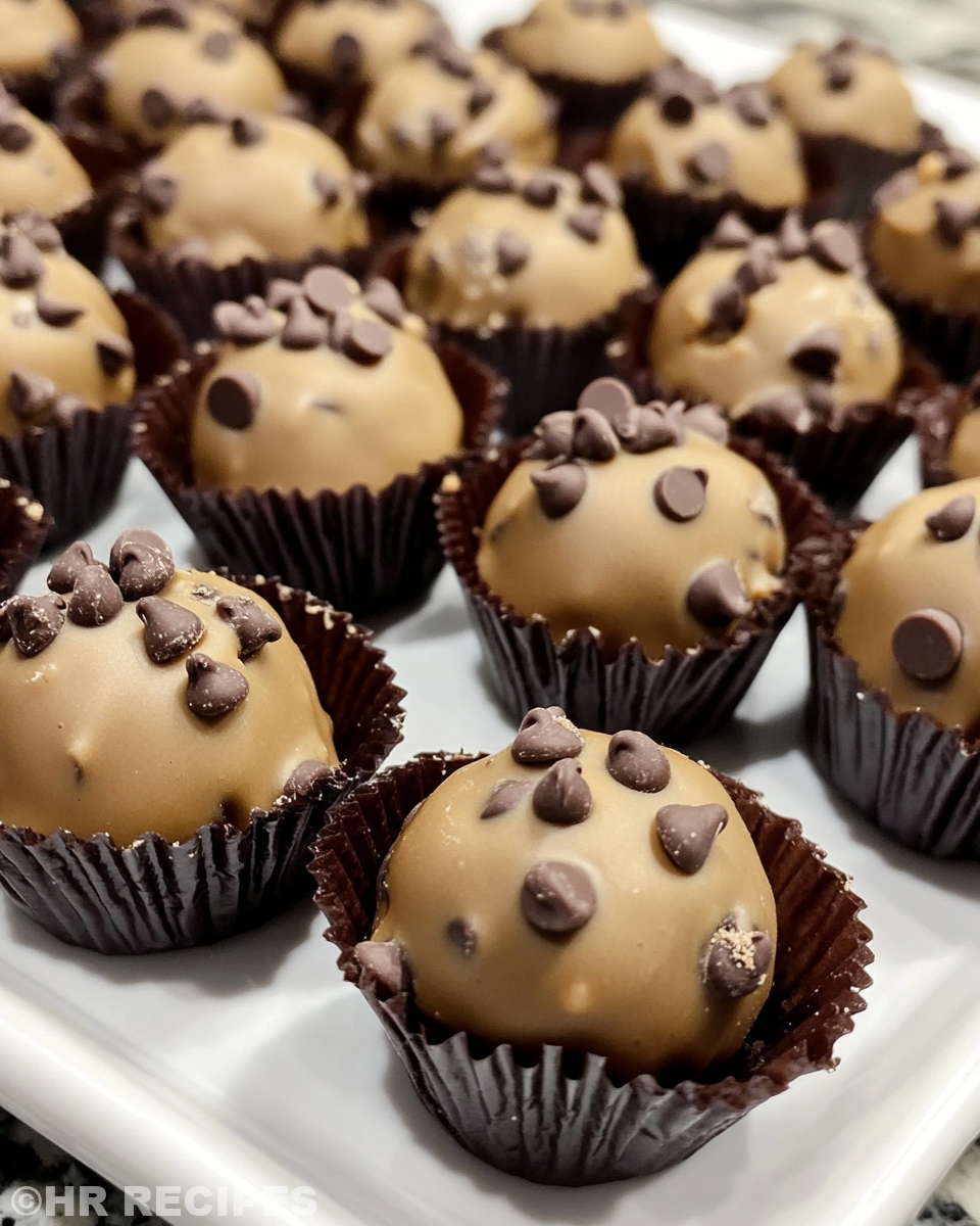 Final dipped chocolate chip cookie dough truffles chilled on a baking sheet