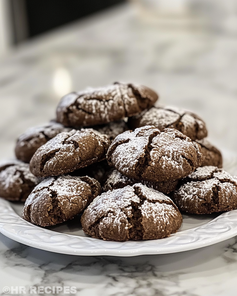 Chilled chocolate crinkle cookies cooling on wire rack