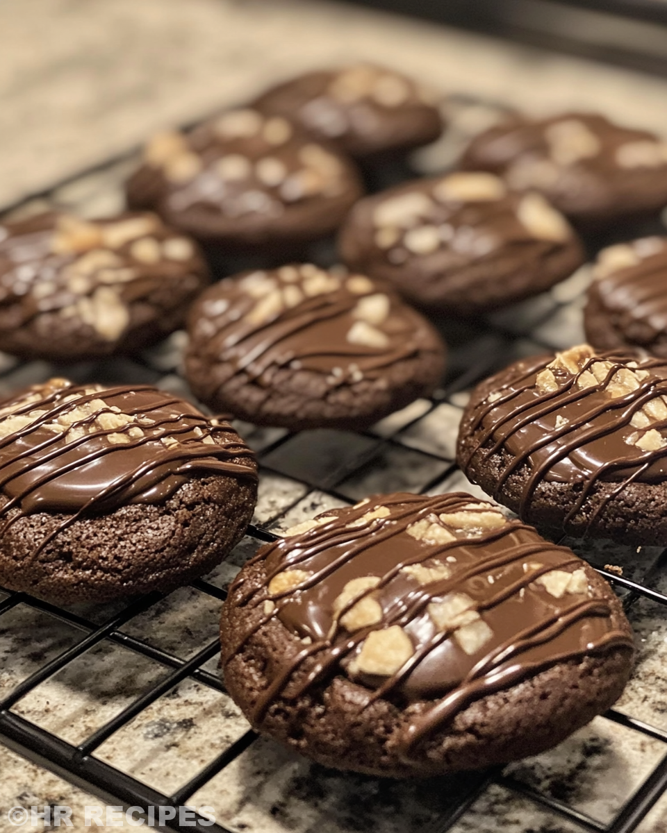 Freshly baked chocolate filled cookies on cooling rack
