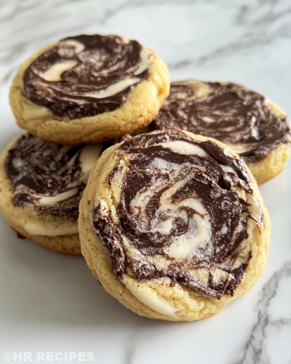 Finished chocolate marshmallow swirl cookies on a rustic wooden table