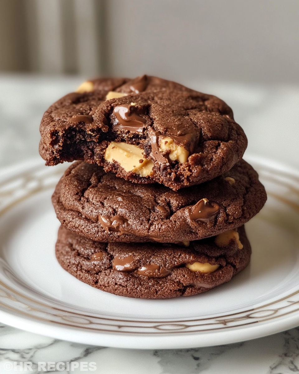 Close up of chocolate peanut butter stuffed cookie with gooey filling
