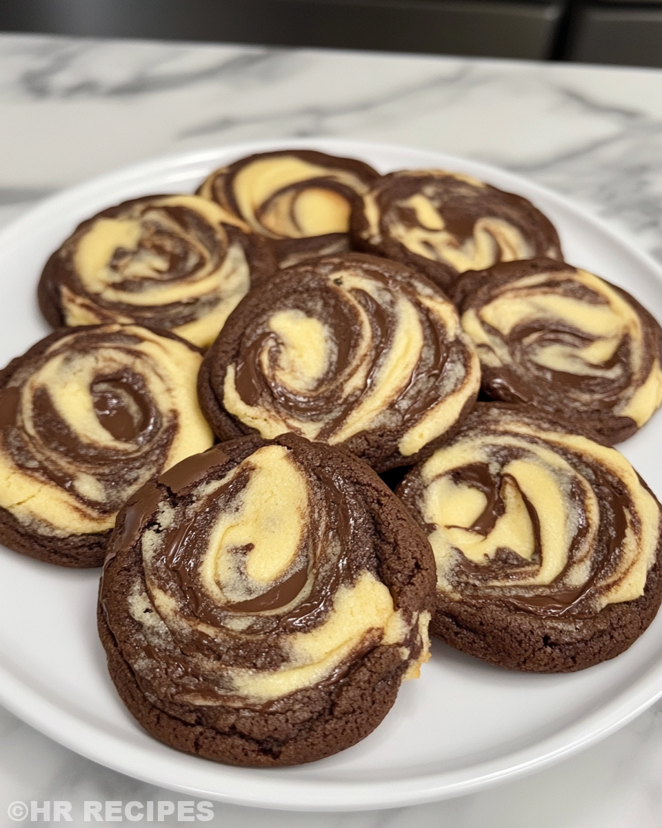Close up of freshly baked chocolate peanut butter swirl cookies ready to serve