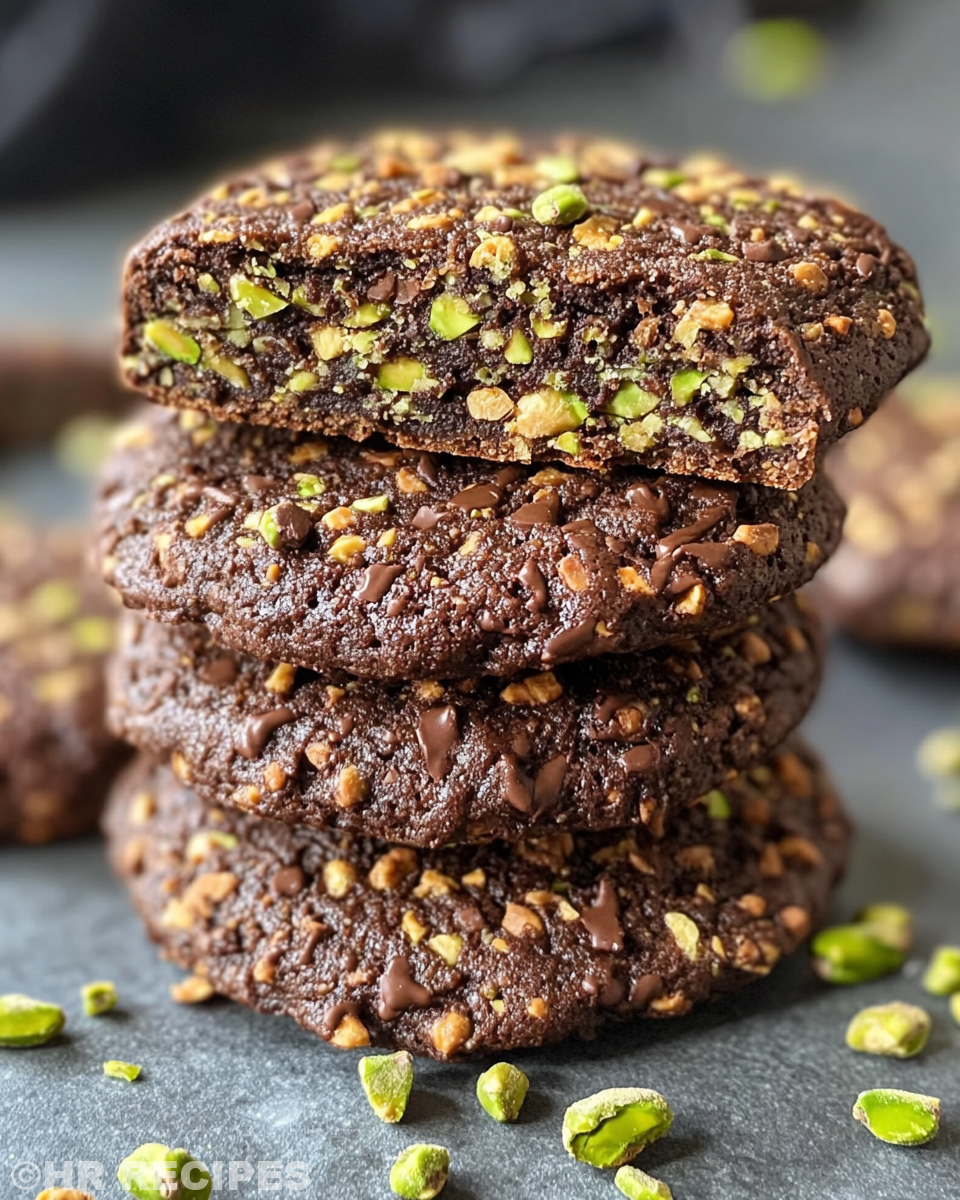 Chocolate pistachio kunafa cookies served on plate with tea