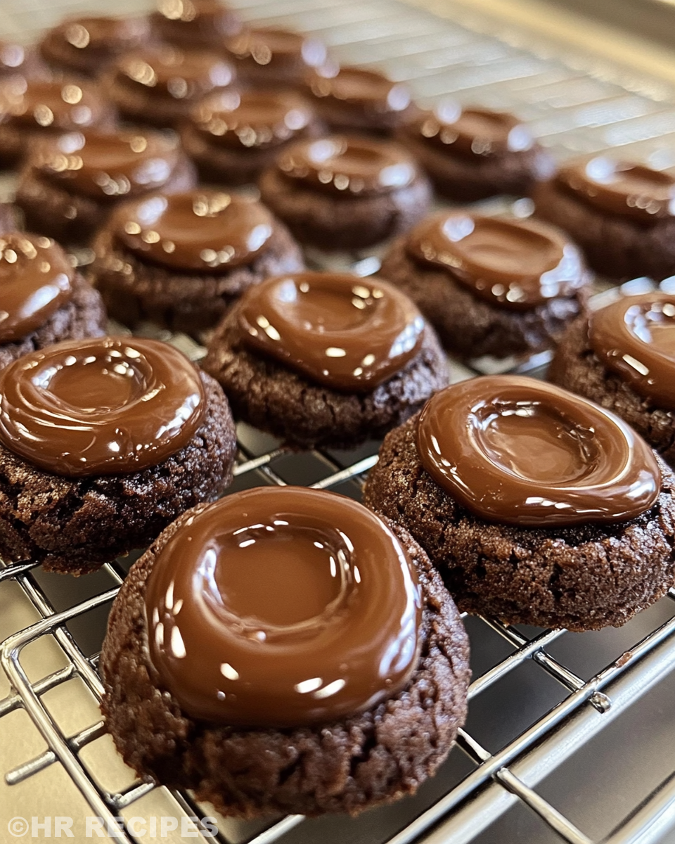 Closeup of chocolate filled thumbprint cookies on serving plate