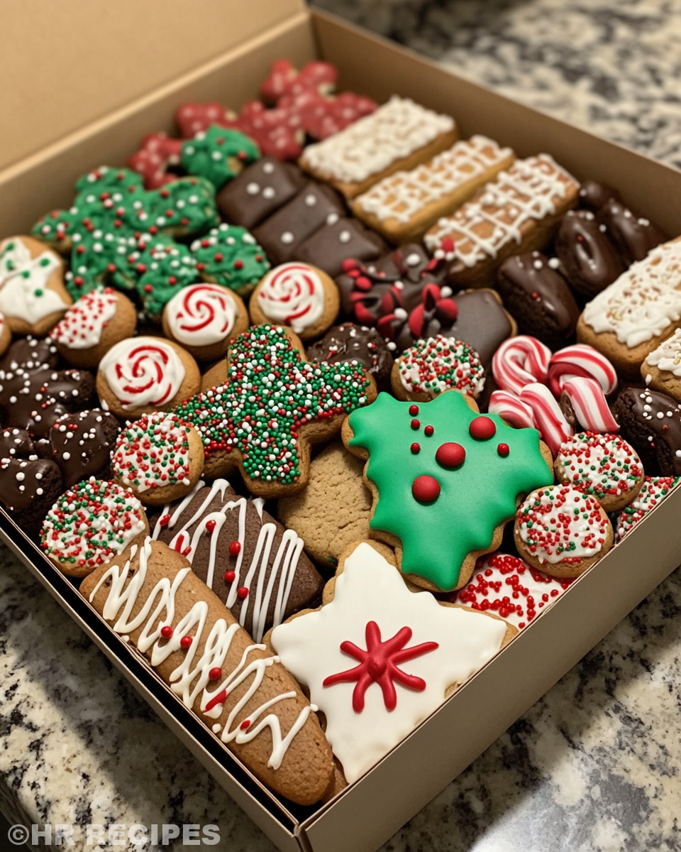 Final Christmas cookie box with macarons and festive treats served