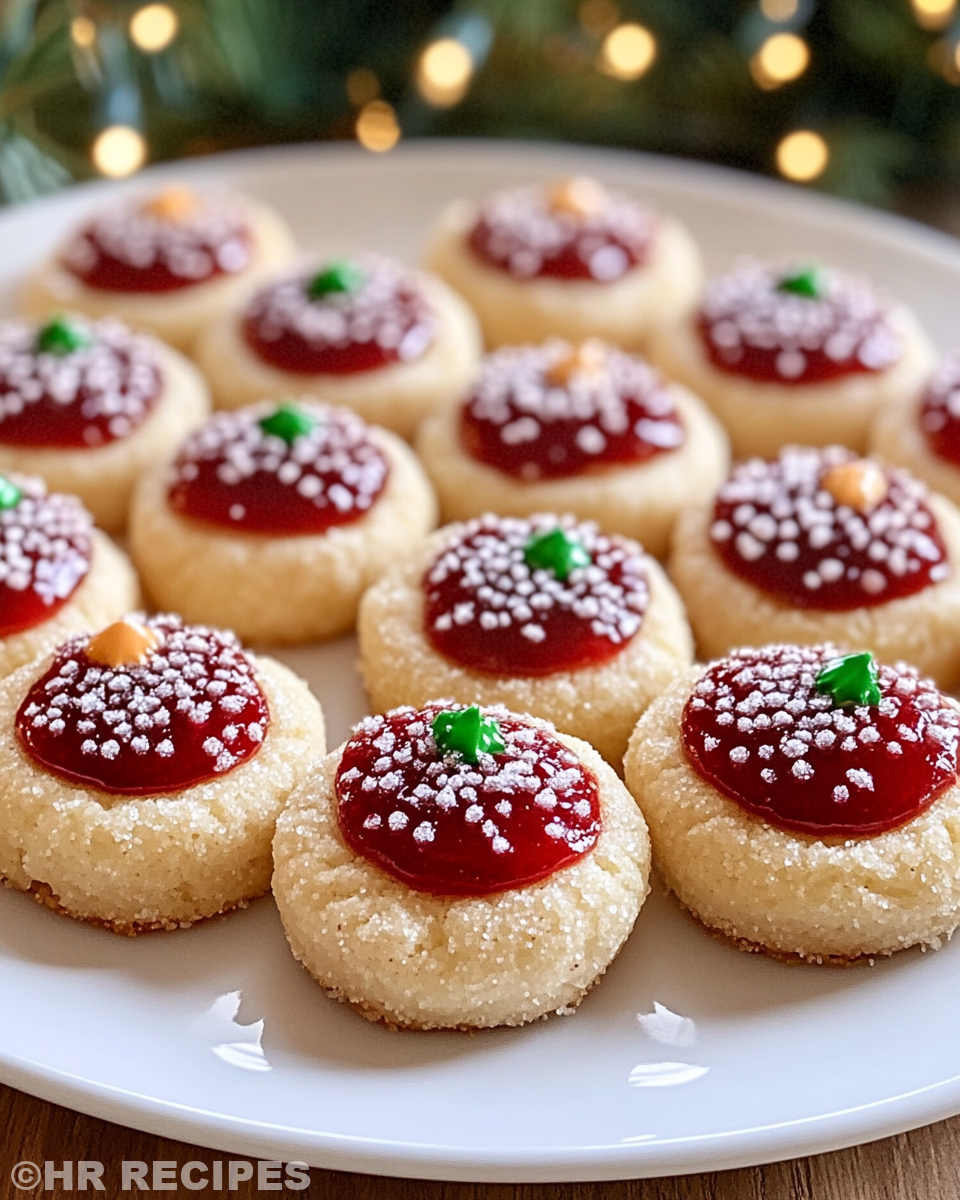 Plate of finished thumbprint cookies with jam centers