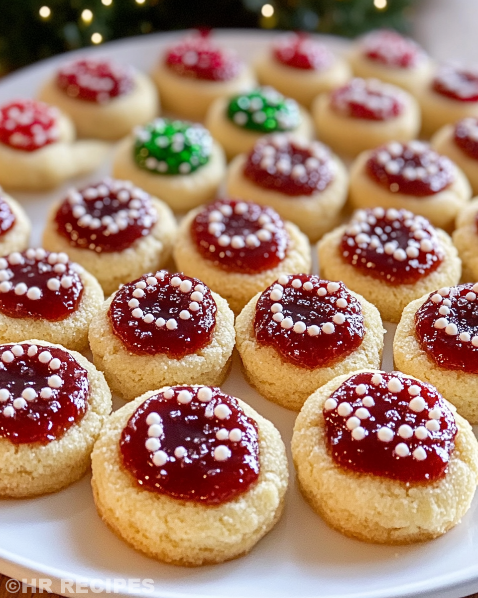 Freshly baked thumbprint cookies cooling on a tray
