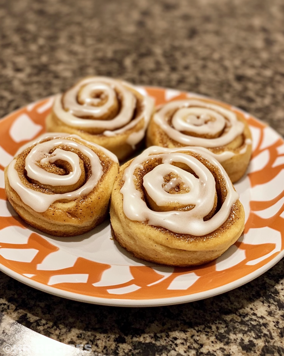 Golden baked cinnamon roll cookies served on a plate ready to enjoy