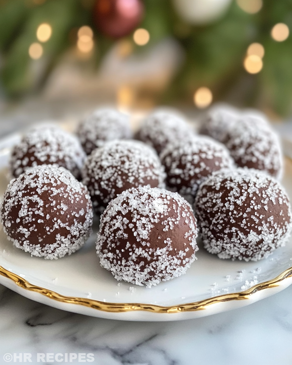 Plate of freshly made chocolate snowball cookies dusted with powdered sugar, ready to be served