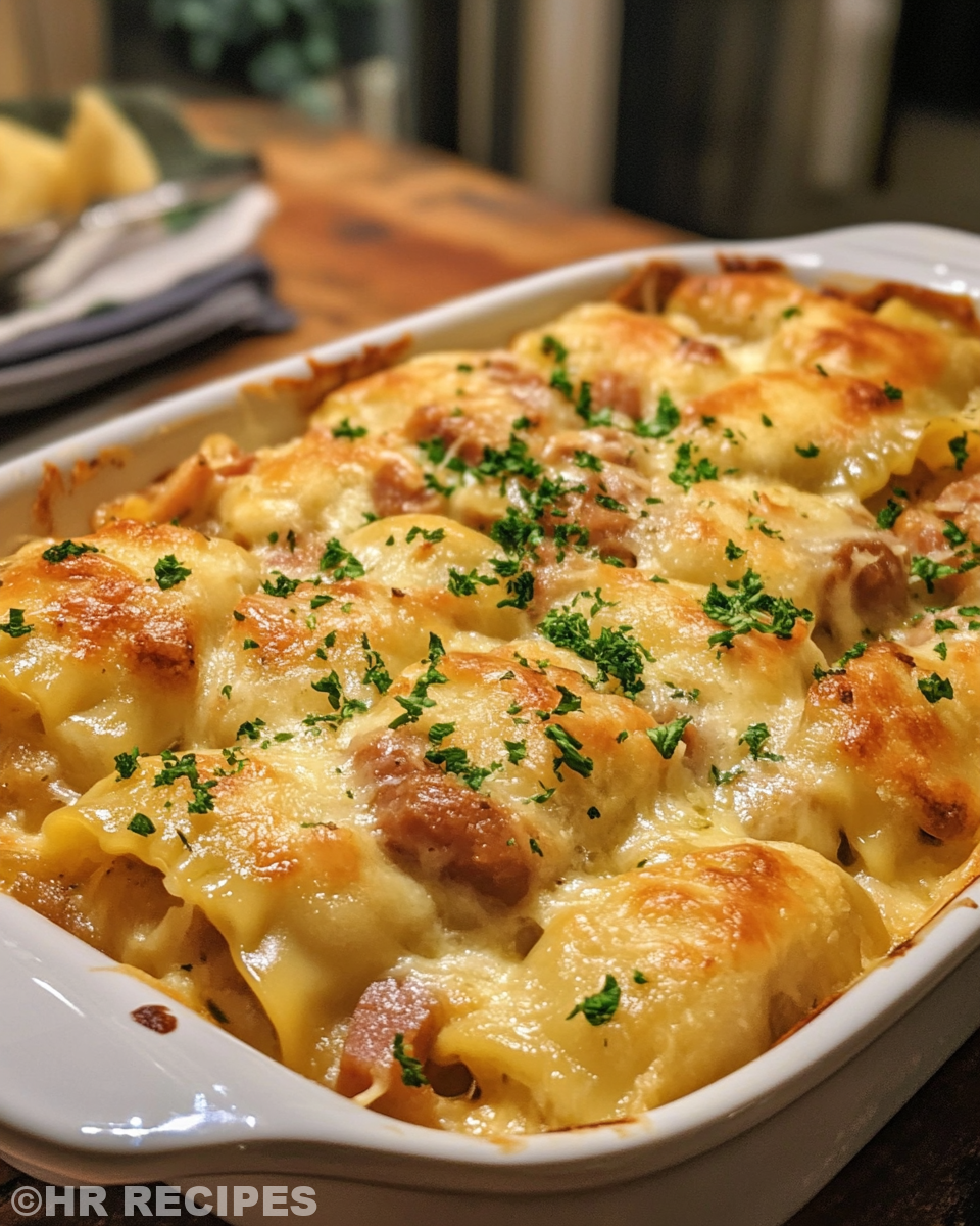 Creamy broth poured over layered pierogies and kielbasa in slow cooker