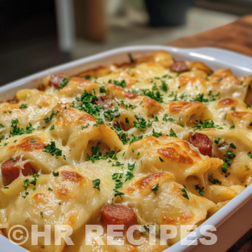 Classic Crockpot Pierogi Casserole with Kielbasa taken with iphone 15 pro max --iw 2 --ar 4:5 --v 6.1 --raw