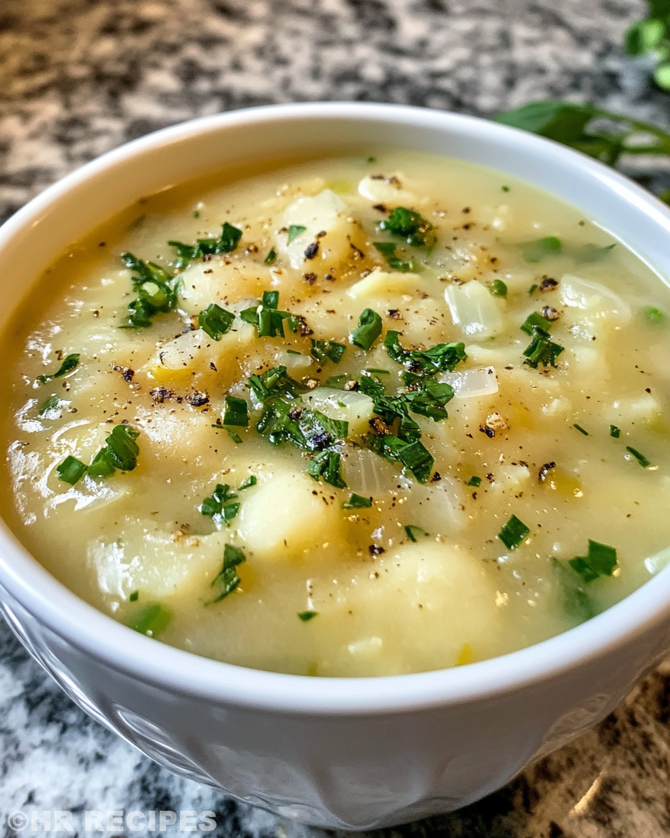 Bowl of creamy vegan colcannon soup garnished and ready to serve