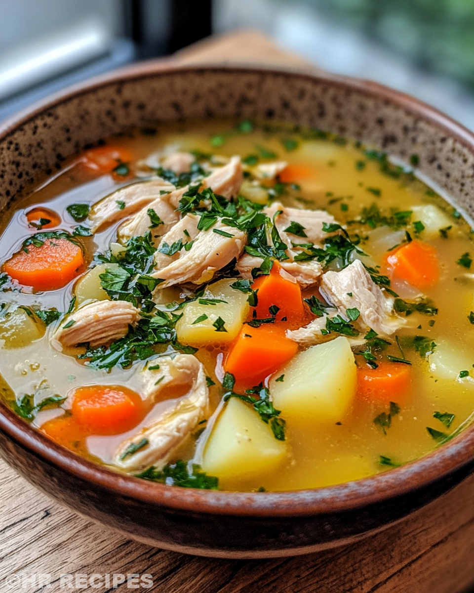 Ingredient spread for chicken potato soup with chicken, potatoes, carrots, onion, and celery