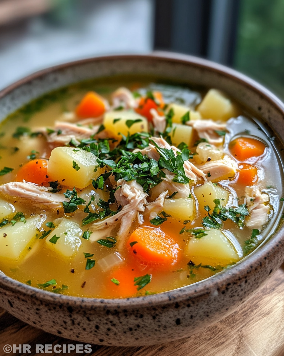 Served bowl of chicken potato soup garnished with fresh thyme, ready to eat