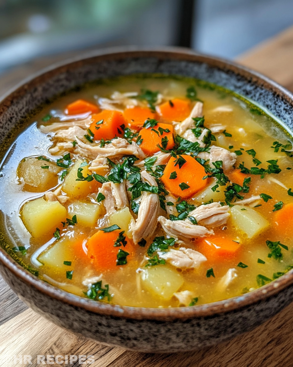 Steaming bowl of comforting chicken potato soup fresh from pressure cooker