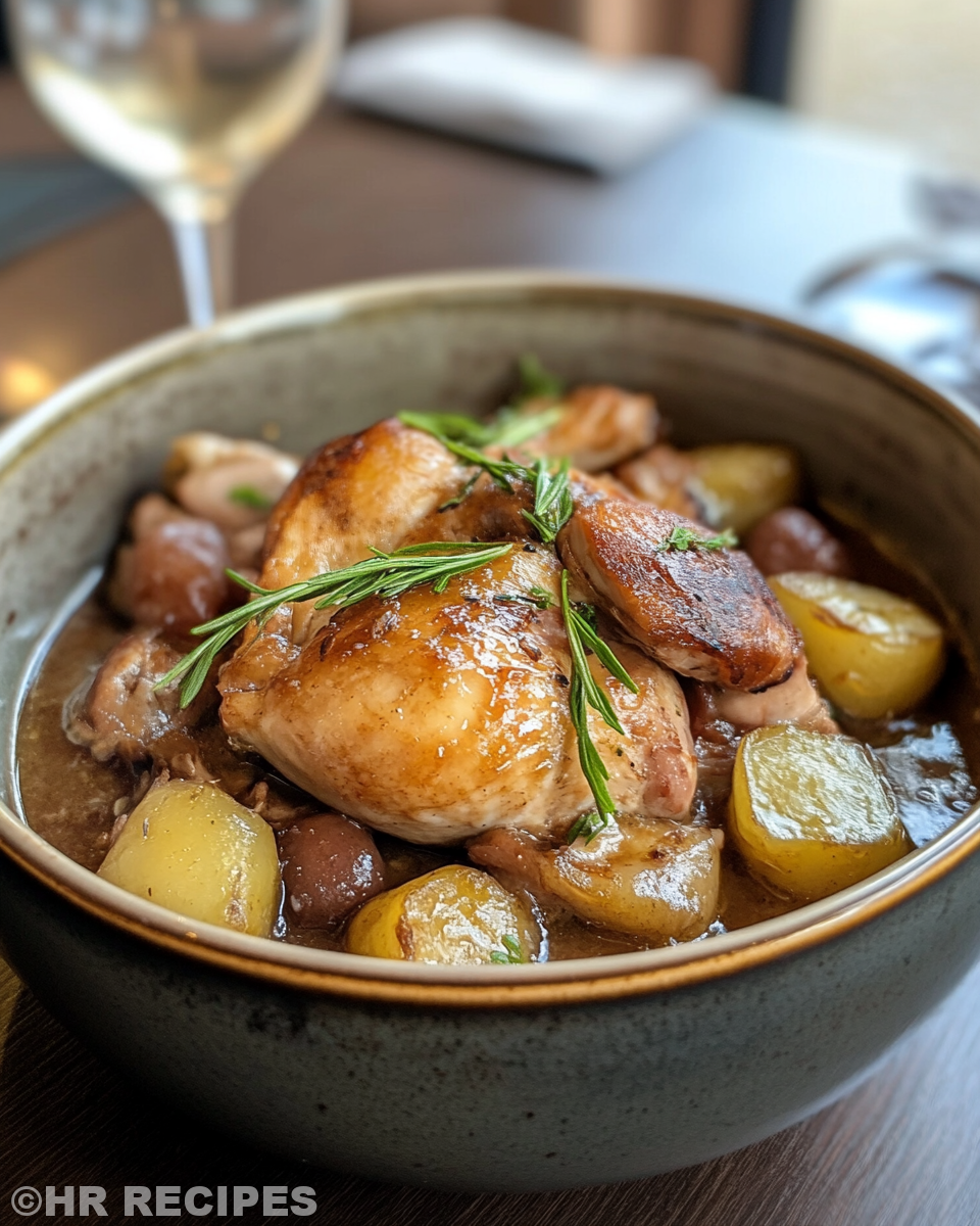 Ingredients laid out for coq au vin blanc with herbs and veggies
