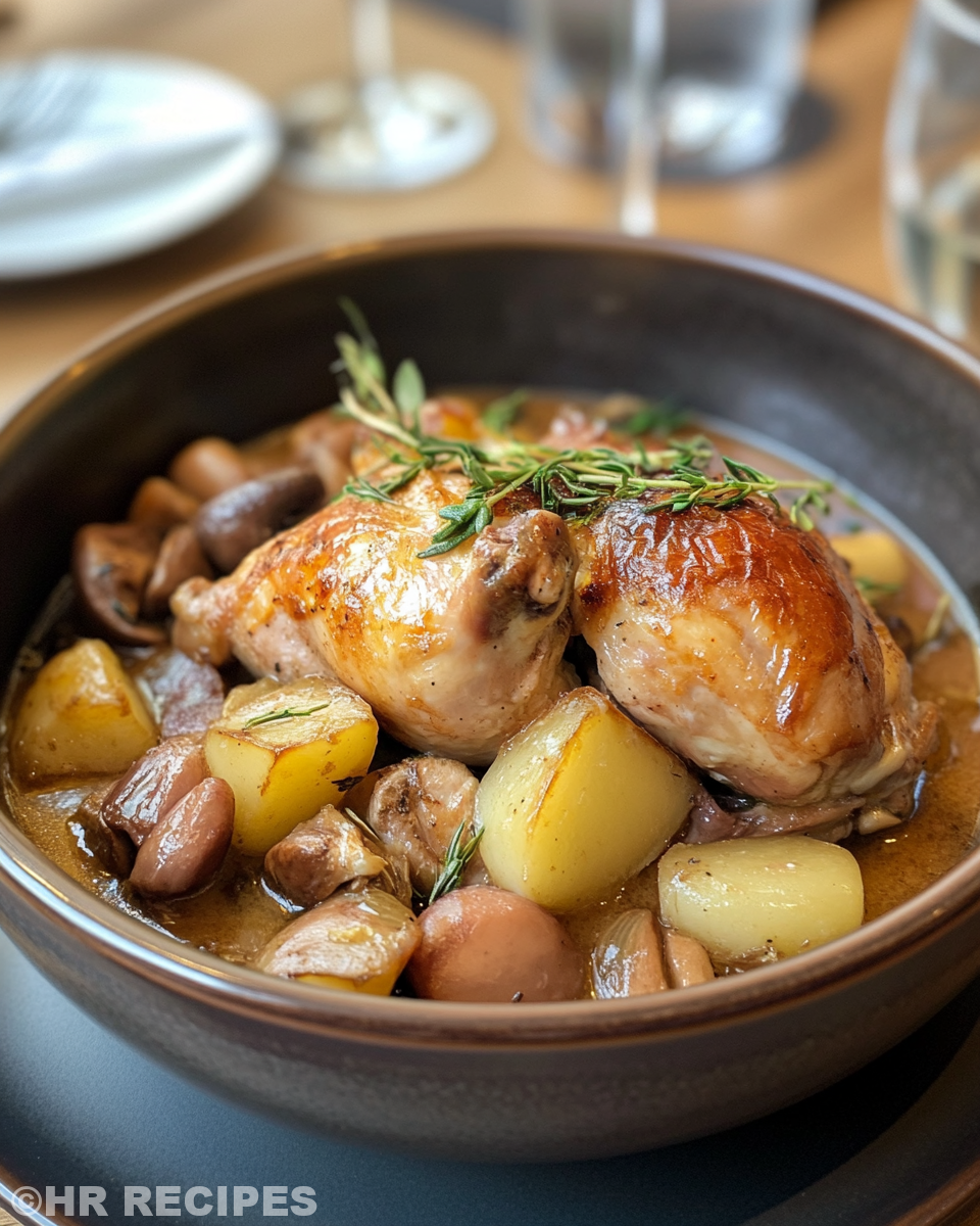 Finished coq au vin blanc dish ready to serve