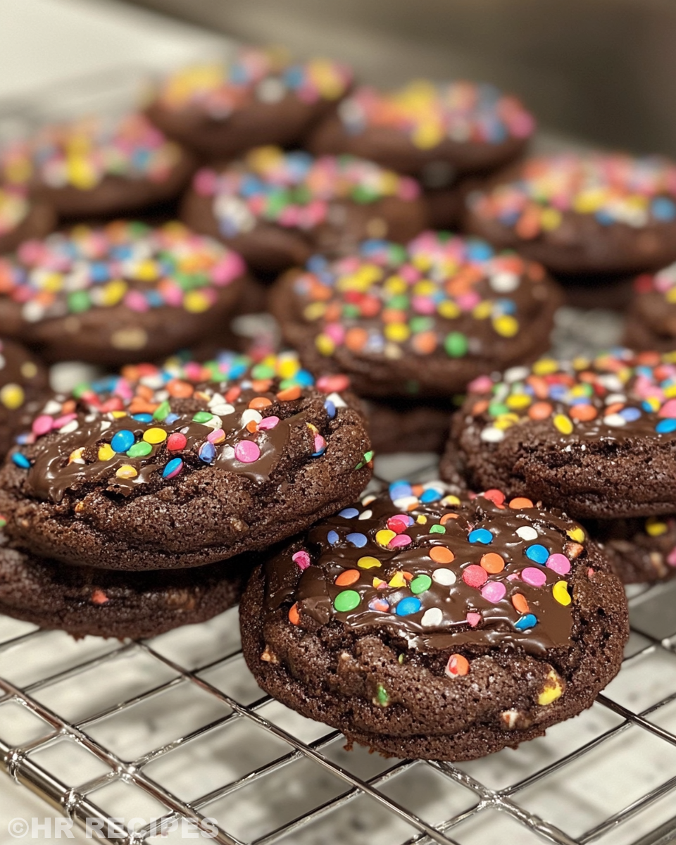 Finished Cosmic Brownie Cookies with ganache and sprinkles served on plate