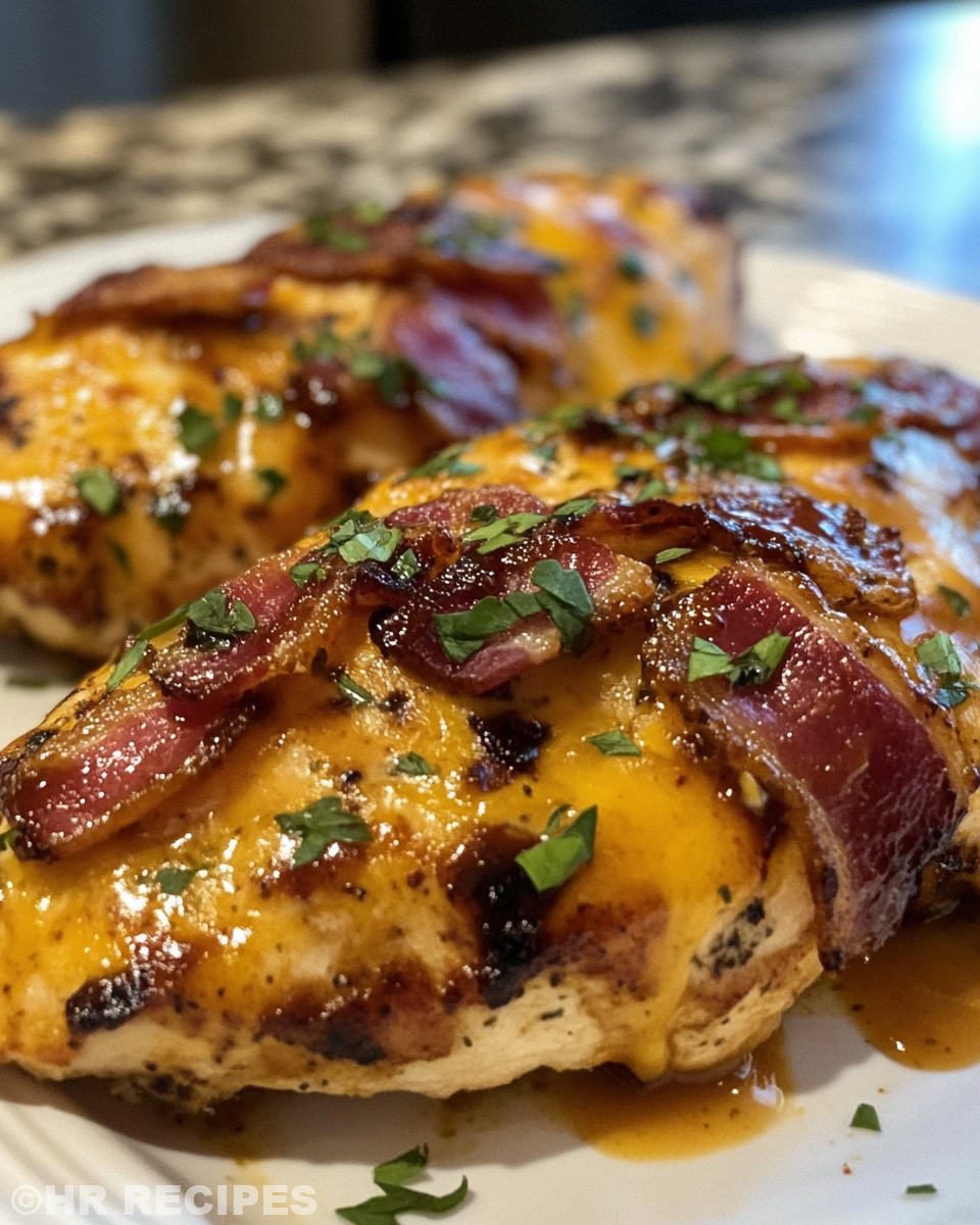 Served Cowboy BBQ Bacon Cheddar Chicken on plate garnished with green onions