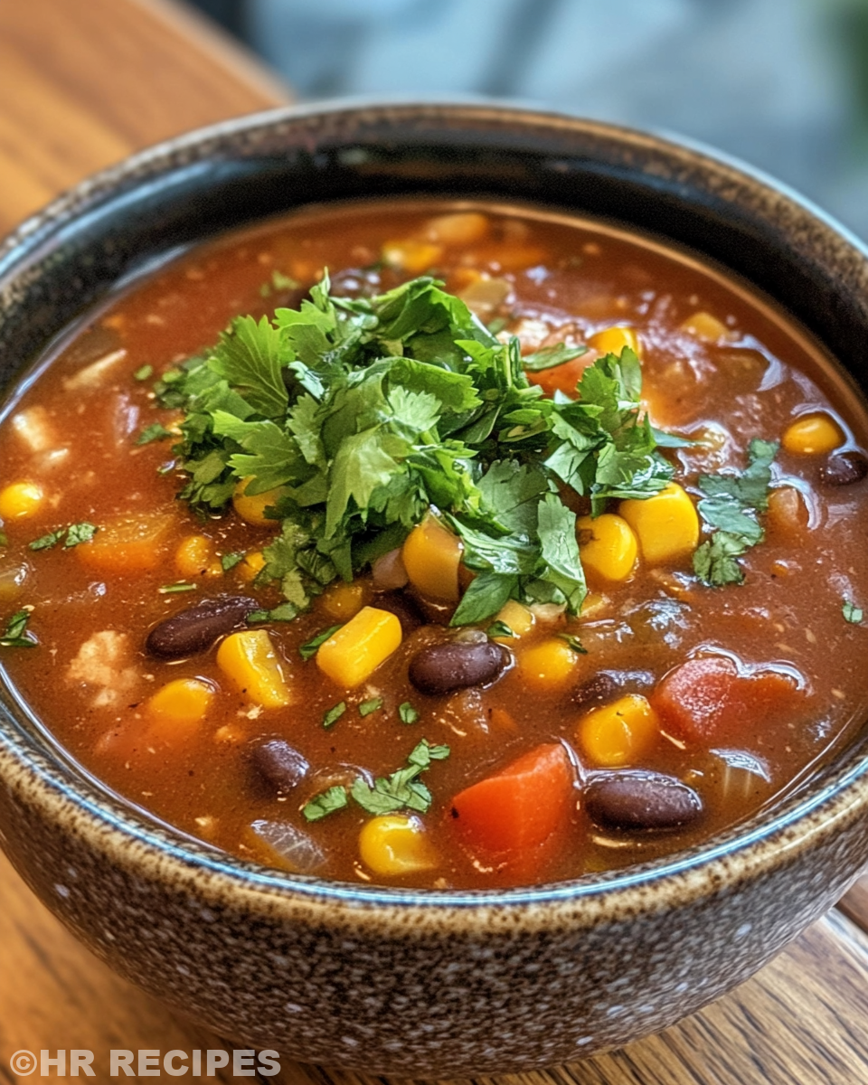 Bowl of finished cowboy soup garnished with herbs