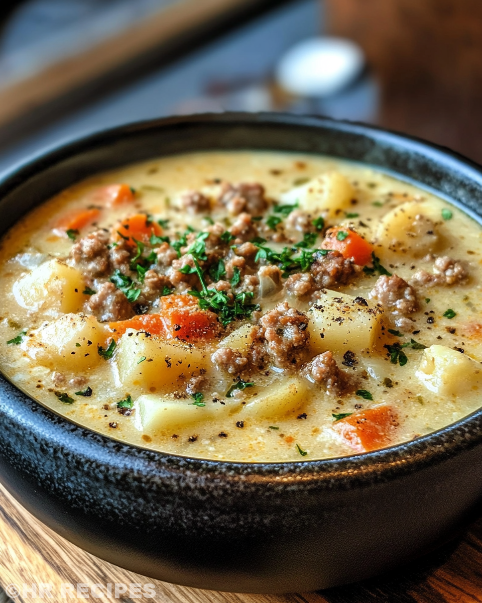 Ingredients for cozy crockpot potato soup with sausage on wooden board