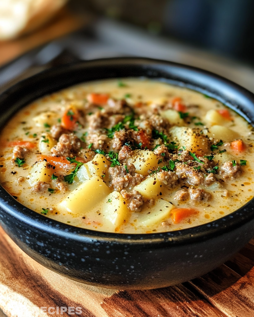 Cozy crockpot potato soup with sausage in a bowl