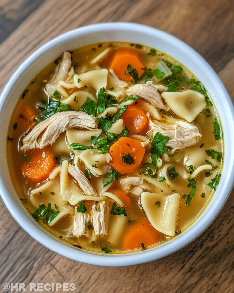 Ingredients for crack chicken noodle soup including cooked chicken, egg noodles, bacon
