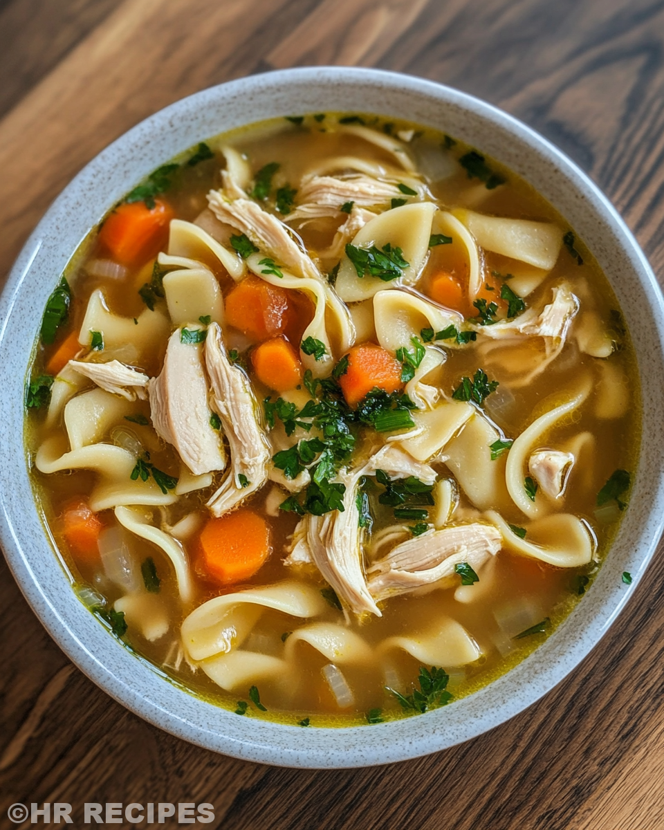 Bowl of finished crack chicken noodle soup garnished with green onions and bacon