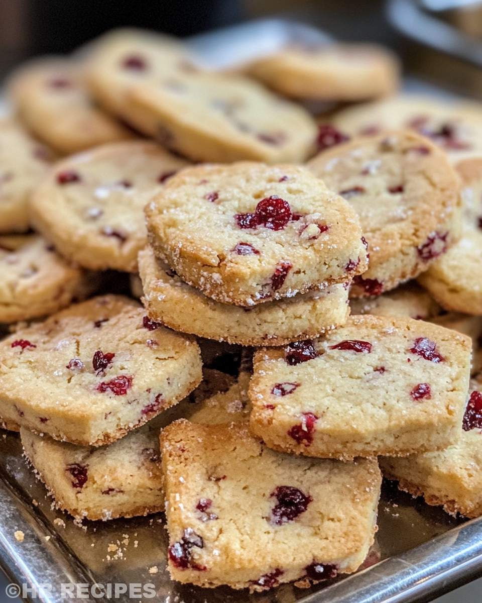 Sliced cranberry orange shortbread cookie dough rounds ready to bake on parchment-lined baking sheet