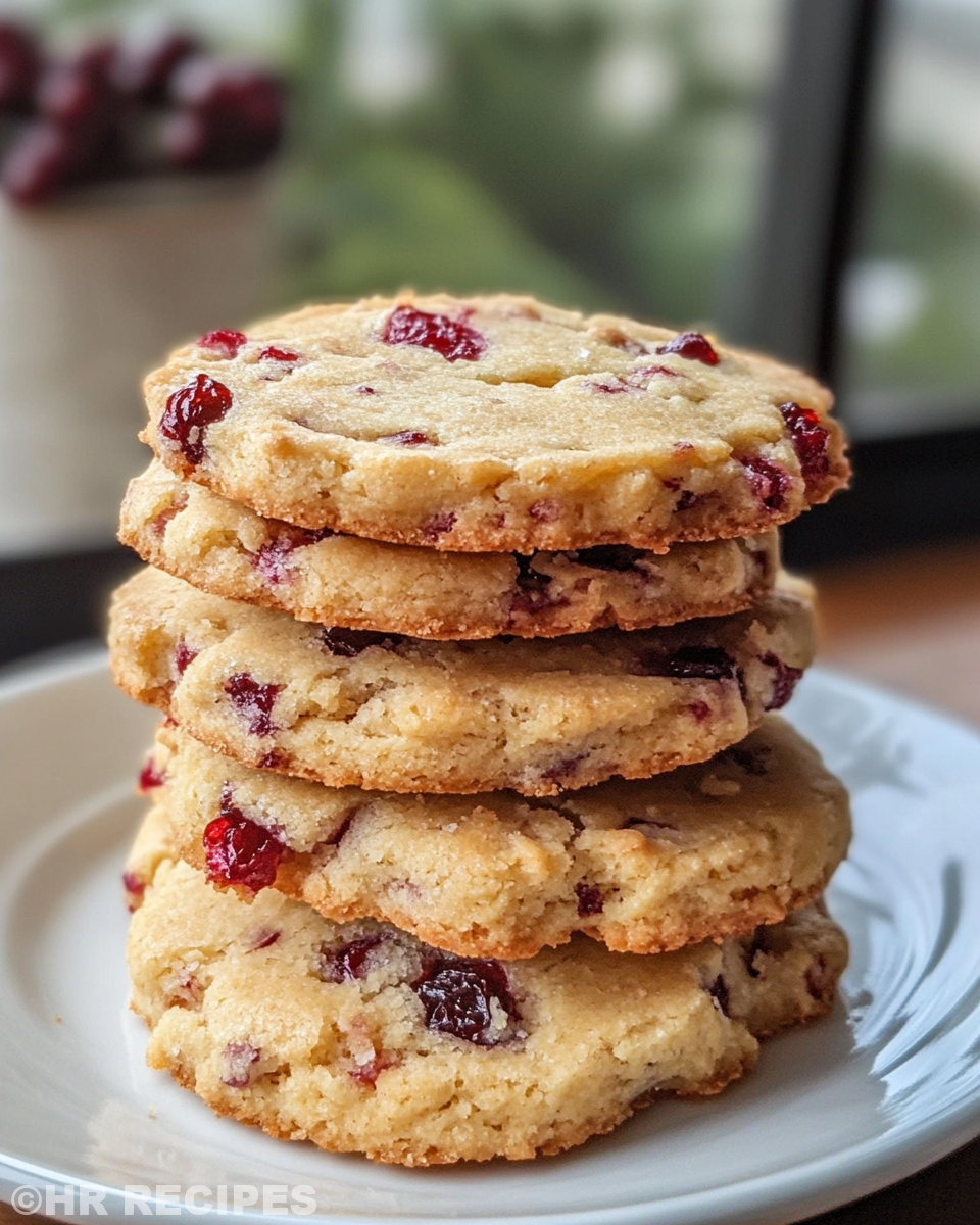 Freshly baked cranberry orange shortbread cookies plated ready to eat