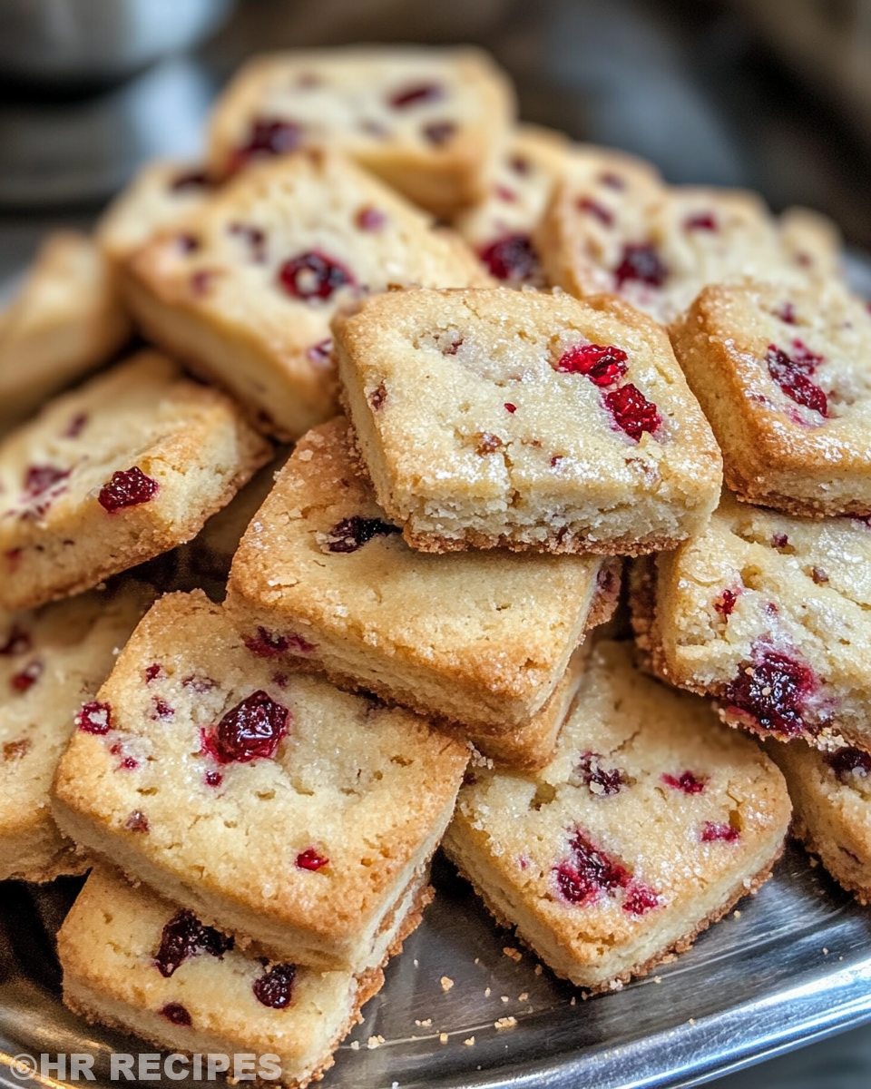 Plated cranberry orange shortbread cookies served with festive holiday background