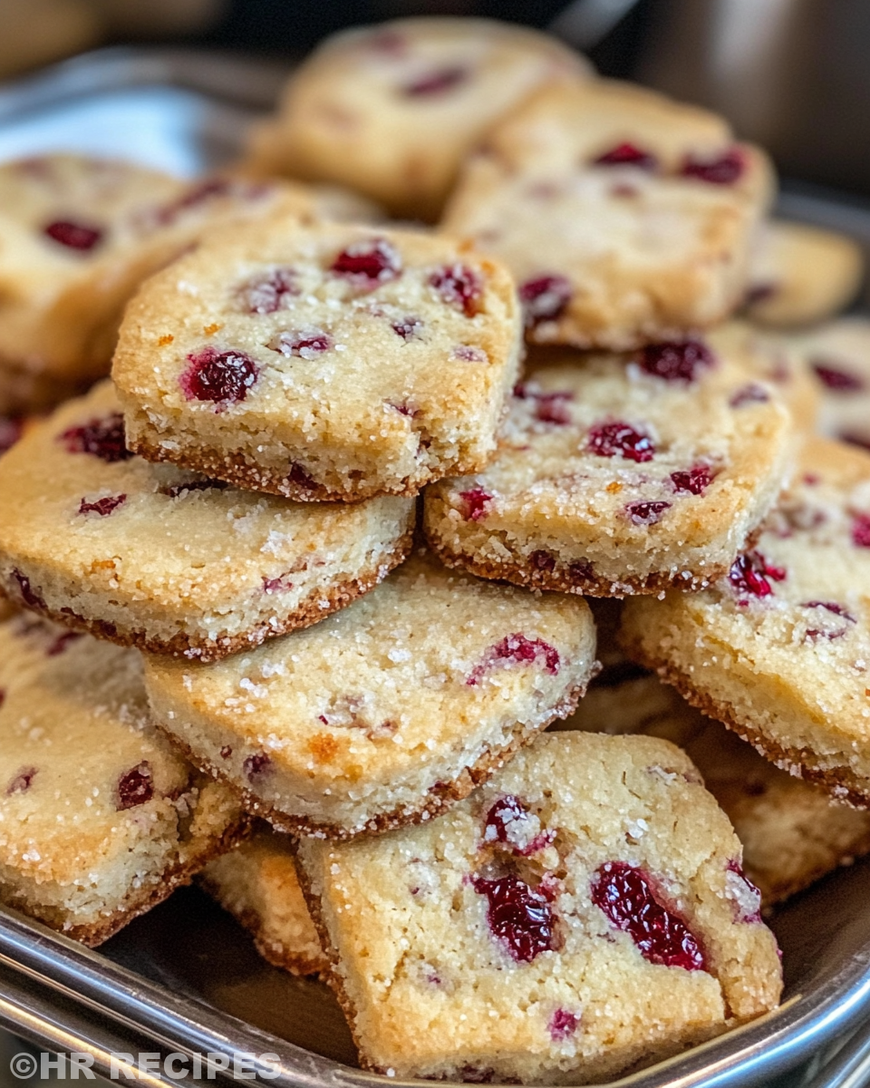 Close-up of cranberry orange shortbread cookies fresh from the oven with a hint of orange zest