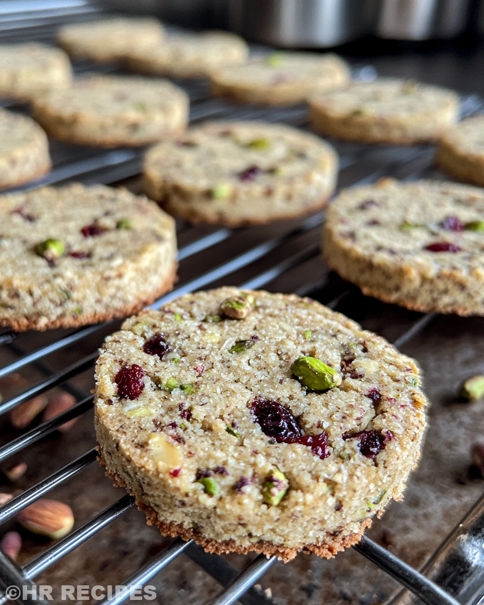 Finished cranberry pistachio shortbread cookies cooled on wire rack