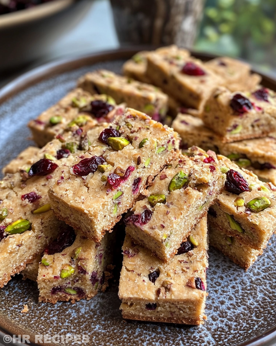 Close-up of colorful cranberry pistachio shortbread cookies fresh from the pressure cooker