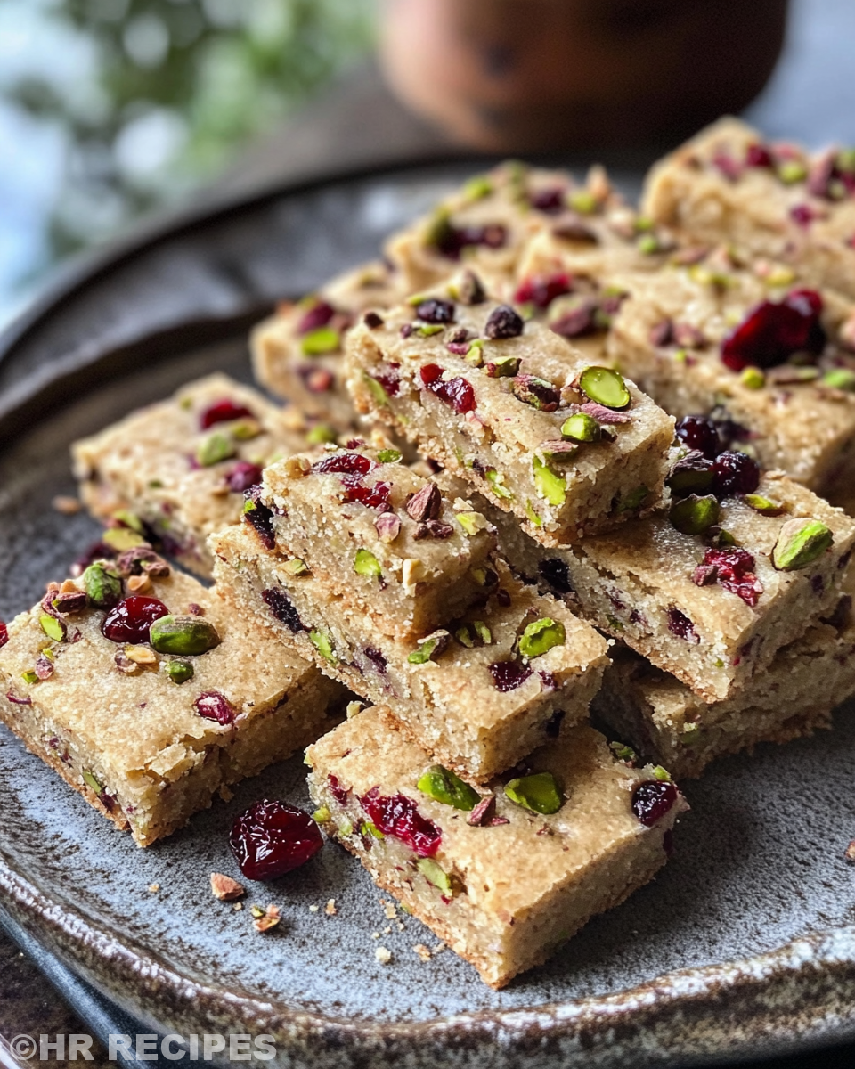 Ingredients mixture for cranberry pistachio shortbread showing chopped cranberries and pistachios