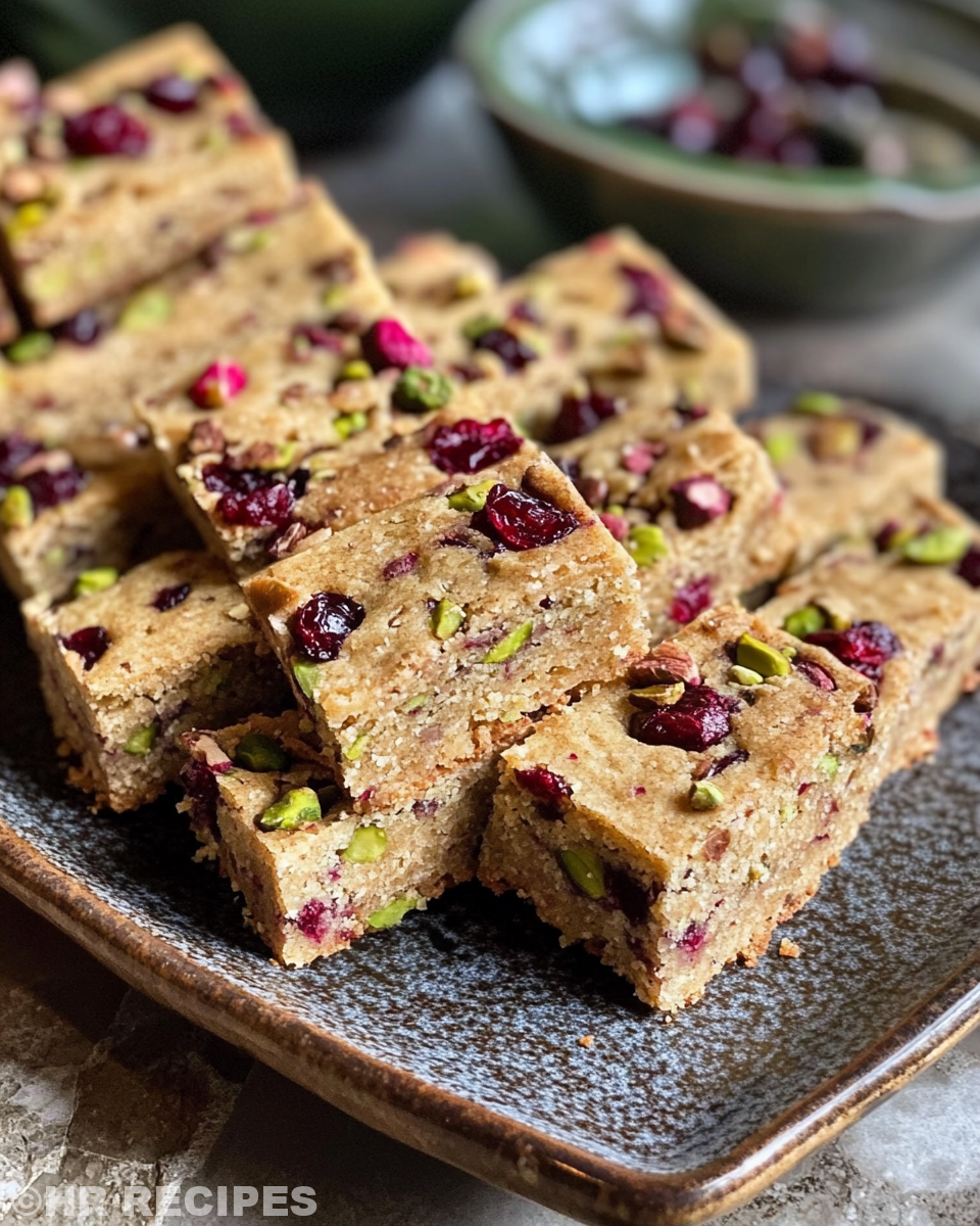 Baked cranberry pistachio shortbread cookies arranged on a serving plate
