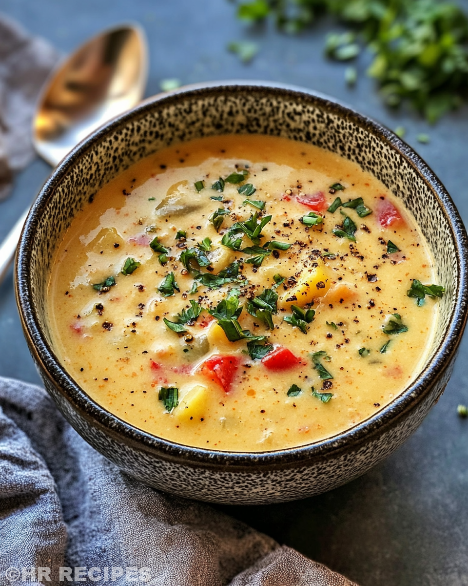 Creamy cajun potato soup steaming in a pot